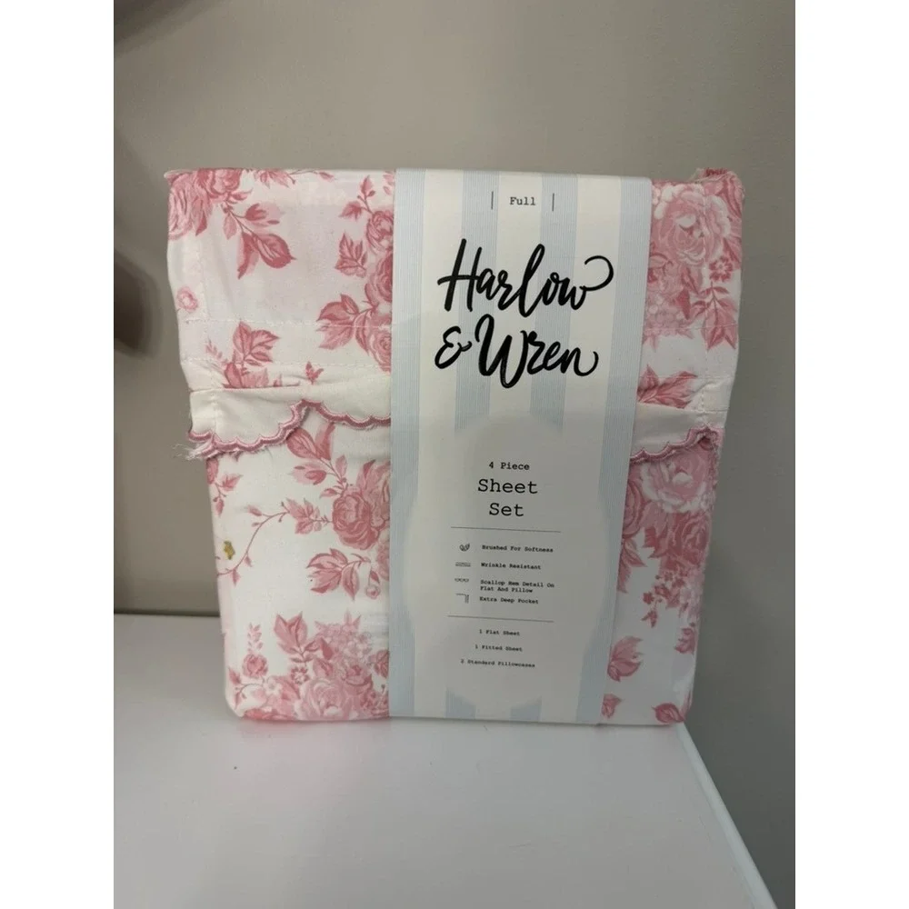 Harlow & Wren Sheet Set Full Pink Floral Scallop Rose 4pc NWT
